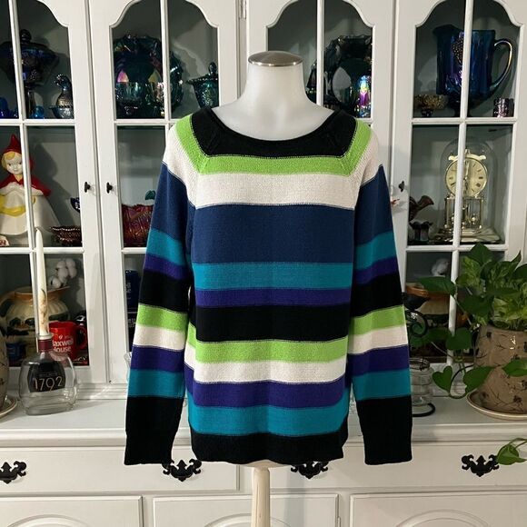 CHAPS Sweater Stripes Sz L Blue White Green - Picture 1 of 11